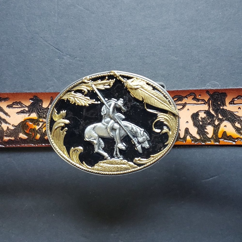 American Indian Genuine Leather Belt & Epoxy and Gold Detail Indian Style Buckle